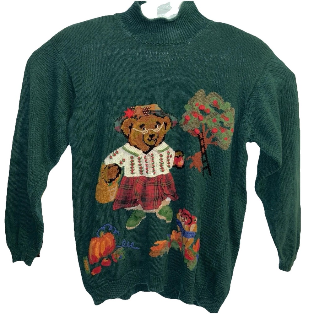 Vtg 93 Susan Bristol L Halloween Fall Sweaterโ Embroidered Teddy Bear 3D Details